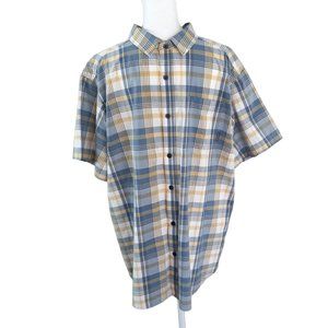 Columbia blue yellow cotton short sleeved button down madras plaid shirt men's L